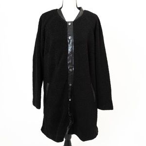 Sherpa fleece jet black coat faux leather trim Isaac Mizrahi Live minimalist 1X